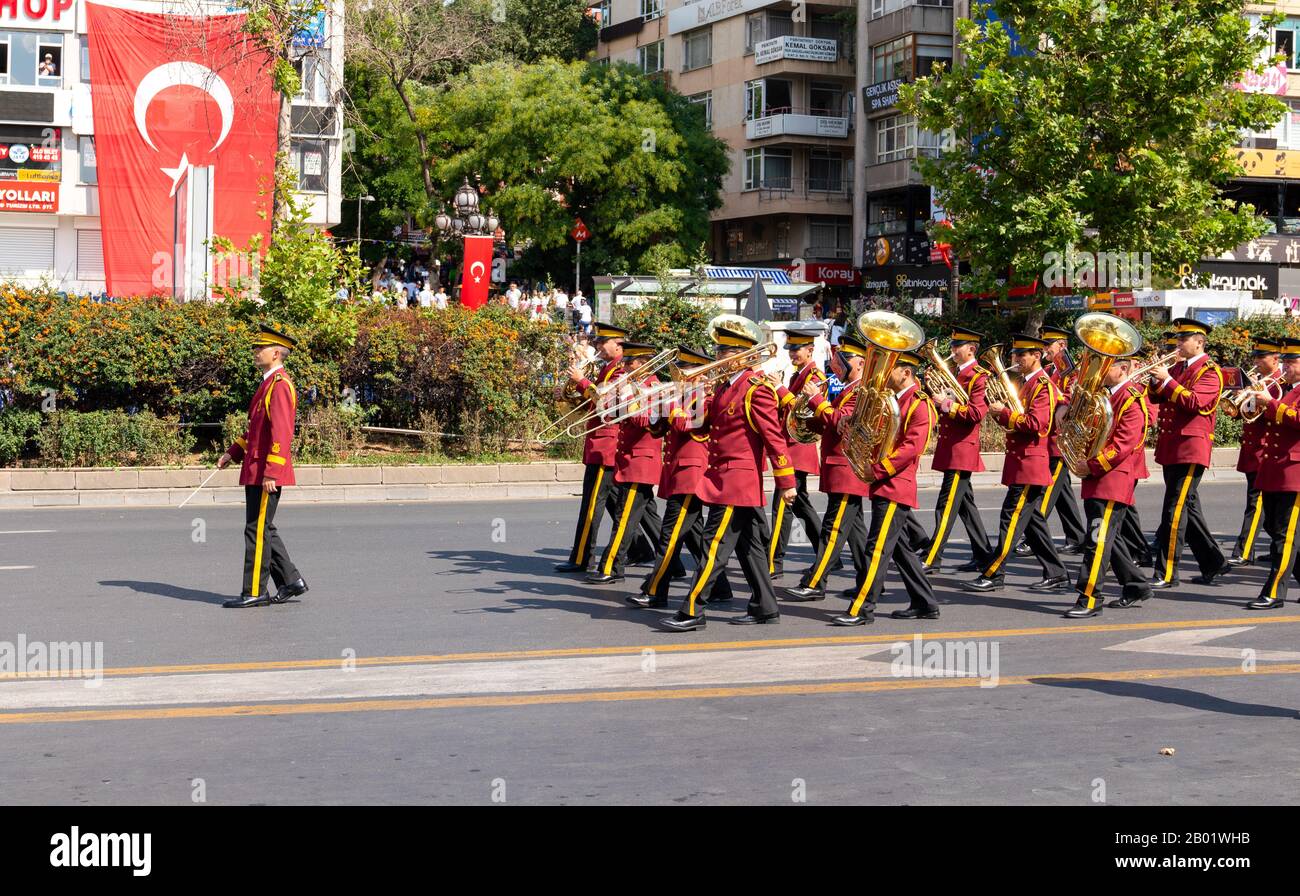 Ankara/Turkey - August 30 2019: Turkish military marching band parade during Zafer Bayrami in Ataturk Boulevard in Kizilay square Stock Photo