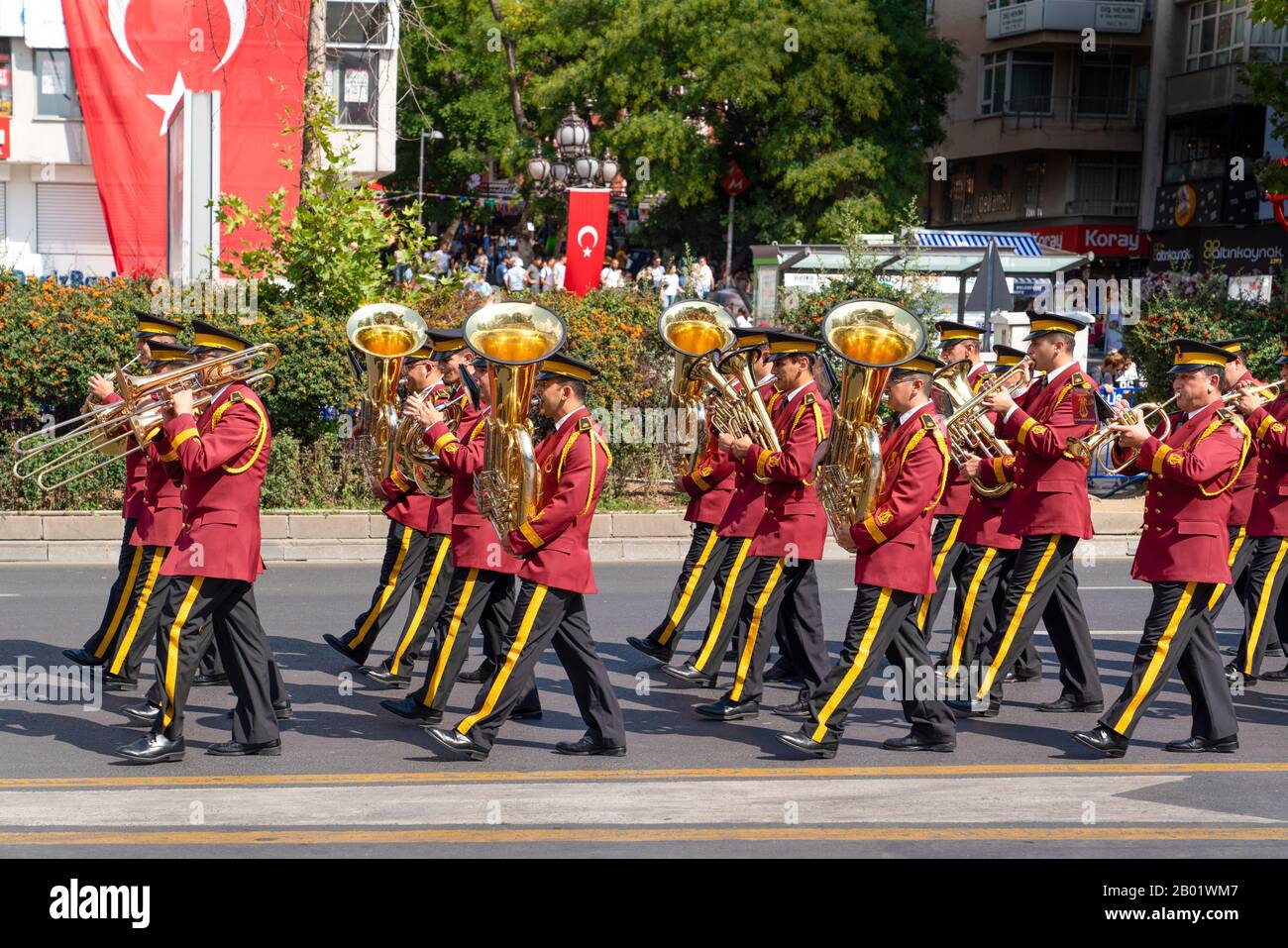 Ankara/Turkey - August 30 2019: Turkish military marching band parade during Zafer Bayrami in Ataturk Boulevard in Kizilay square Stock Photo