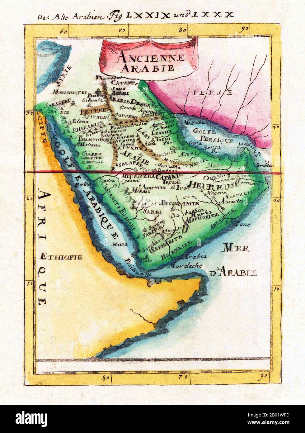 Middle East: Map of Ancient Arabia ('Ancienne Arabie' ) by Allain Manesson Mallet (1630-1706),  Frankfurt, 1719.  Alain Manesson Mallet was a French cartographer and engineer. He started his career as a soldier in the army of Louis XIV, became a Sergeant-Major in the artillery and an Inspector of Fortifications. He also served under the King of Portugal, before returning to France, and his appointment to the court of Louis XIV. His military engineering and mathematical background led to his position teaching mathematics at court. Stock Photo