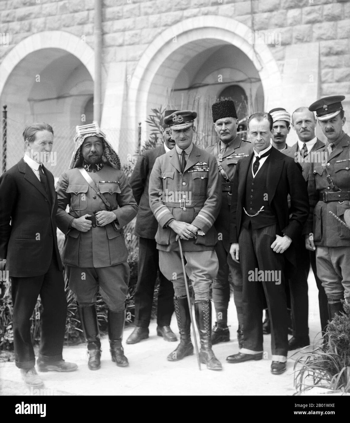 Palestine: Lt Col T. E. Lawrence, Emir Abdullah I and General Edmund Allenby in Jerusalem, 1 January 1921  Abdullah I bin al-Hussein (February 1882 – 20 July 1951), King of Jordan, was the second of three sons of Sherif Hussein bin Ali, Sharif and Emir of Mecca.  Lieutenant Colonel Thomas Edward Lawrence, CB, DSO (16 August 1888 - 19 May 1935), known professionally as T. E. Lawrence, was a British Army officer renowned especially for his liaison role during the Arab Revolt against Ottoman Turkish rule. Stock Photo