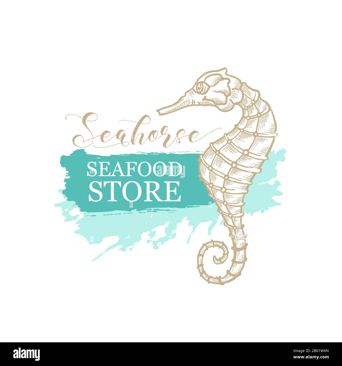 Seahorse vector thin line art design for seafood store and fish market logo. Seahorse in golden pencil hatching, calligraphy and sketch texture on marine green or turquoise paint stroke background Stock Vector