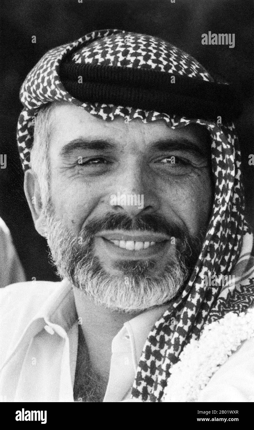 Hussein bin Talal (Arabic: حسين بن طلال, Ḥusayn bin Ṭalāl; 14 November 1935 – 7 February 1999) was King of Jordan from the abdication of his father, King Talal, in 1952, until his death. Hussein's rule extended through the Cold War and four decades of Arab-Israeli conflict. He recognized Israel in 1994, becoming the second Arab head of state to do so.   Hussein claimed descent from the Prophet Muhammad through the ancient Hashemite family. Stock Photo