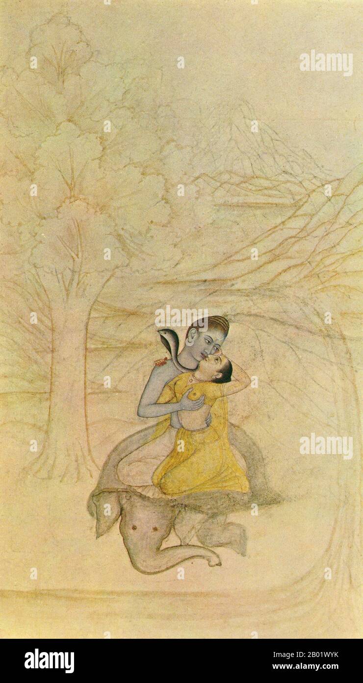 India: Shiva and Parvati embrace on the back of a recumbent elephant. Scene from the Gangavatarana. Kangra School, late 18th century.  Indian painting has a very long tradition and history in Indian art. The earliest Indian paintings were the rock paintings of pre-historic times, the petroglyphs as found in places like Bhimbetka, some of them from before 5500 BCE. India's Buddhist literature is replete with examples of texts which describe palaces of kings and the aristocratic class embellished with paintings, but the paintings of the Ajanta Caves are the most significant of the few survivals. Stock Photo