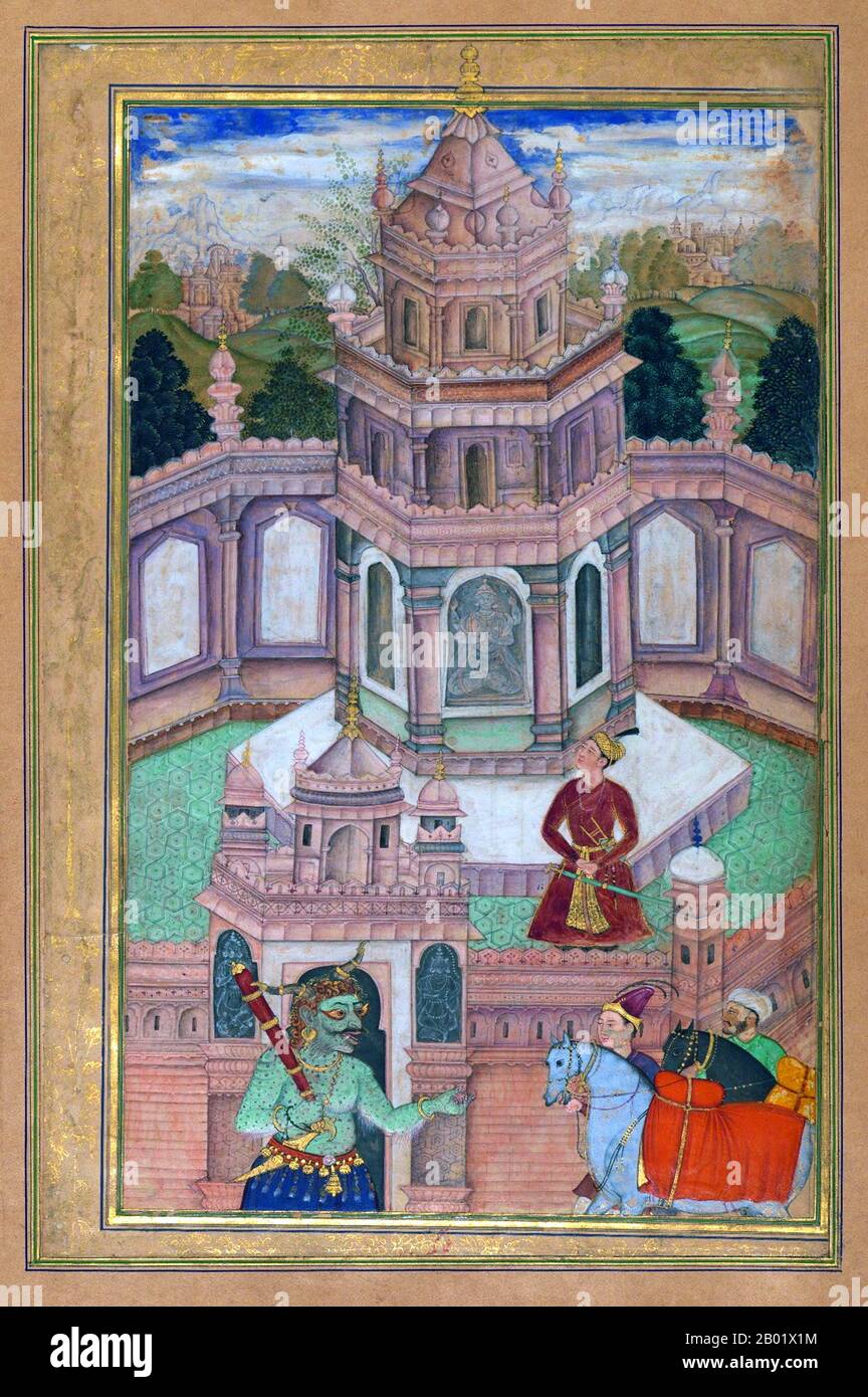 India/Iran/Pakistan: Sassanid Prince Bahram Gur in the Sandalwood Pavilion. Lahore, late 16th century.  Bahram V (406-438) was the fourteenth Sassanid King of Persia (r. 421-438). Also called Bahram Gur or Bahramgur, he was a son of Yazdegerd I (r. 399-421), after whose sudden death (or assassination) he gained the crown against the opposition of the grandees by the help of Mundhir, the Arab dynast of al-Hirah.  The poem was illustrated in a manuscript probably produced in Lahore in the late sixteenth which is associated with the patronage of Akbar (r. 1556-1605). Stock Photo
