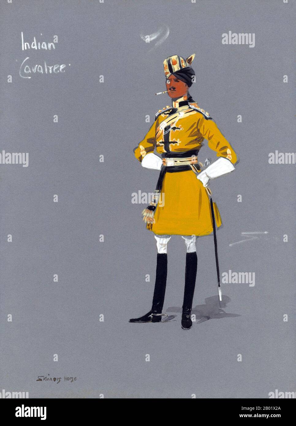 India: Indian 'Cavalree' officer of Skinner's Horse. Caricature style gouache painting by Charles 'Snaffles' Johnson Payne (1884-1967), 1910.  The 1st Duke of York's Own Lancers (Skinner's Horse) was a unit of the British Indian Army from 1922 to independence and thereafter a unit of the Indian Army.  Its foundation was when it was raised in 1803 as Skinner’s Horse by James Skinner (Sikander Sahib) as an irregular cavalry regiment in the service of the East India Company. The regiment became (and remains) one of the seniormost cavalry regiments of the Armoured Corps of the Indian Army. Stock Photo