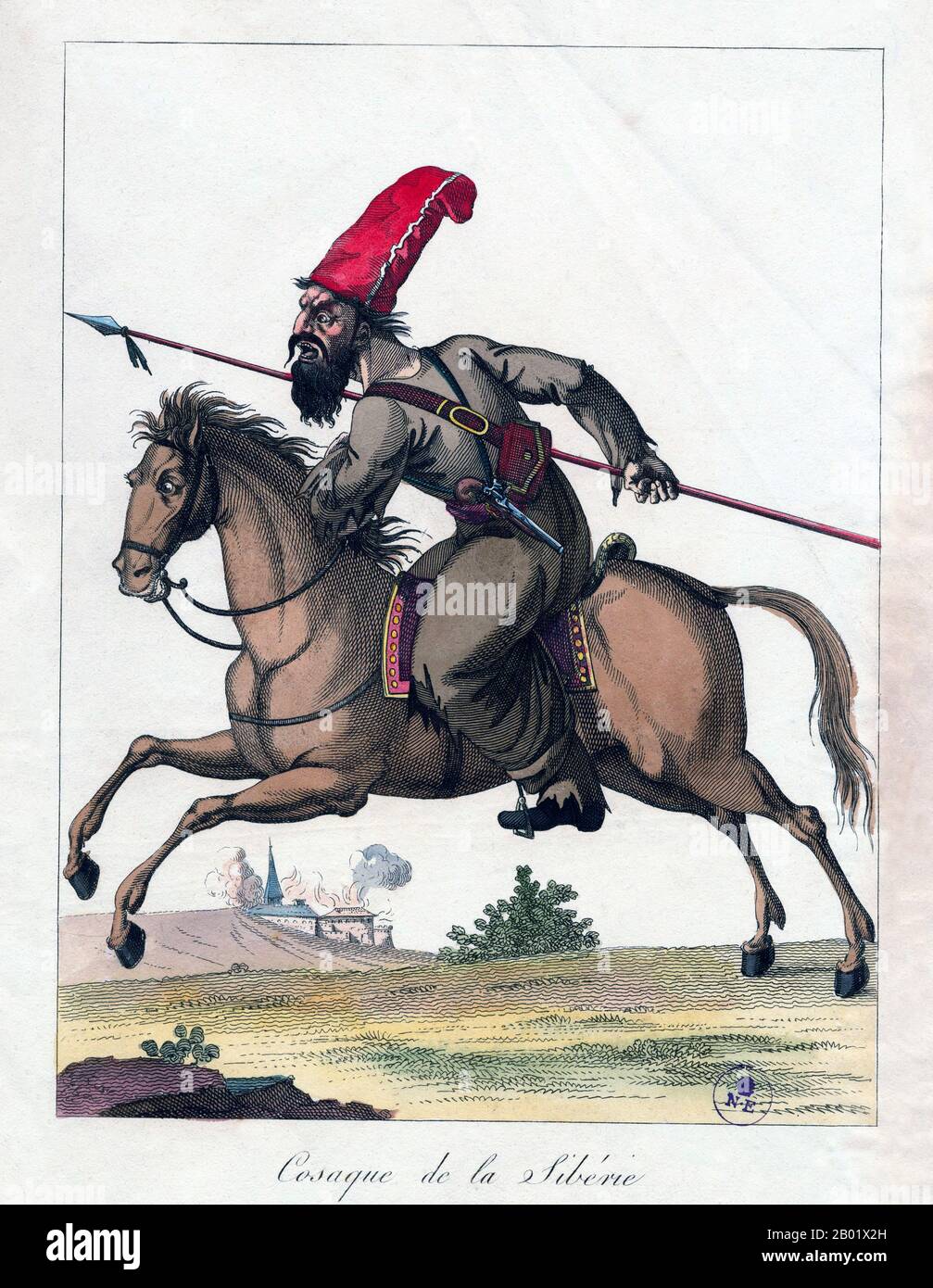 Russia/France: 'Cosaque de la Sibérie' - Siberian Cossack. Chez Jean, Paris, 1814.  Cossacks are a group of predominantly East Slavic people who originally were members of democratic, semi-military communities in Ukraine and Southern Russia. They inhabited sparsely populated areas and islands in the lower Dnieper and Don basins, and played an important role in the historical development of both Ukraine and Russia.  The origins of the first Cossacks are disputed. Traditional historiography dates the emergence of Cossacks to the 14th to 15th centuries. Stock Photo