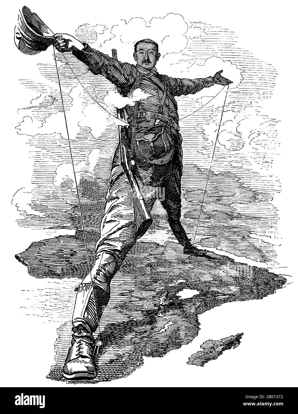 England/South Africa: 'The Rhodes Colossus'. Caricature of Cecil Rhodes (5 July 1853 - 26 March 1902) by Edward Linley Sambourne (1844-1910), published in Punch after Rhodes announced plans for a telegraph line and railroad from Cape Town to Cairo, 10 December 1892.  Cecil John Rhodes was an English-born South African businessman, mining magnate and politician. He was the founder of the diamond company De Beers, which today markets 40% of the world's rough diamonds and at one time marketed 90%.  An ardent believer in British colonialism, he was the founder of the state of Rhodesia. Stock Photo