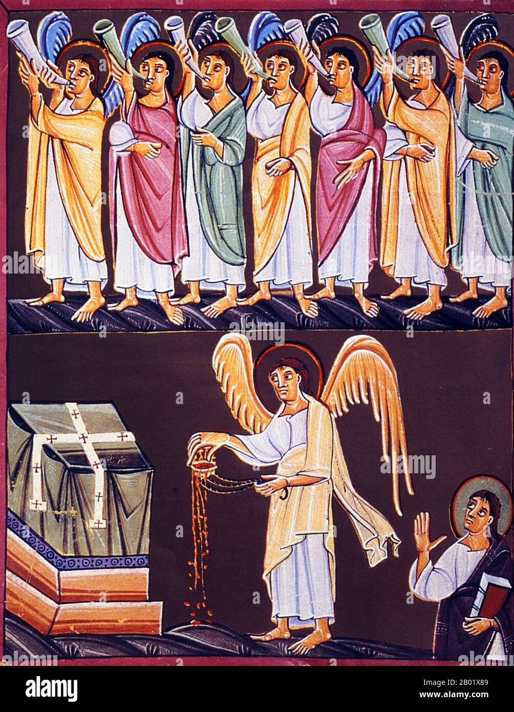 Germany: Seven angels with seven trumpets (above) and an angel with a censer (below). Miniature painting from the Bamberg Apocalypse, Reichenau, 1000-1020 CE.  The Bamberg Apocalypse is an 11th century richly illuminated manuscript containing the Book of Revelation and a Gospel Lectionary. It was created in the scriptorium at Reichenau and is closely related to other Reichenau manuscripts including the Pericopes of Henry II and the Munich Gospels of Otto III.  It was commissioned by Holy Roman Emperor Otto III, but the manuscript was unfinished at the time of Otto's death. Stock Photo