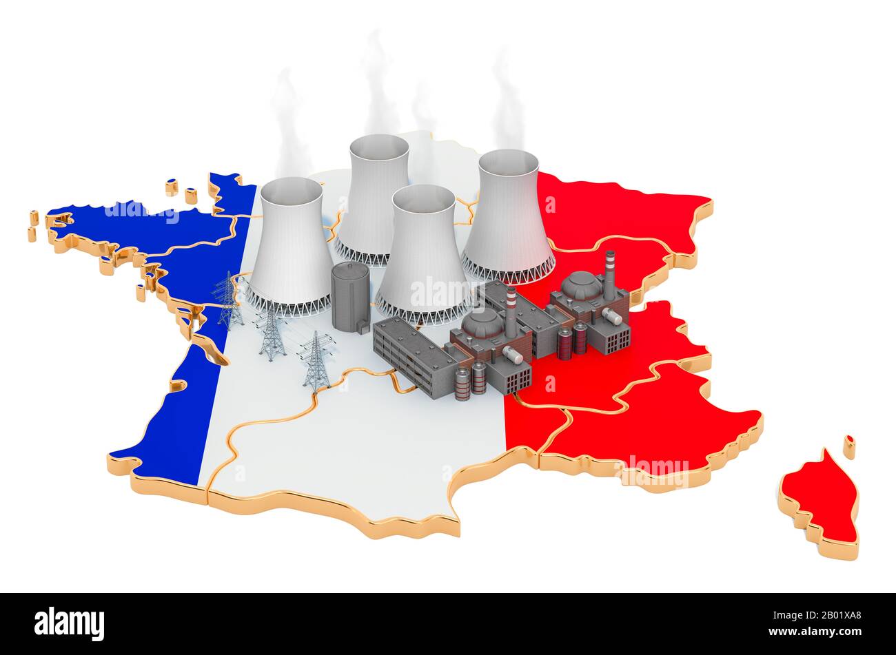 Nuclear power stations in France, 3D rendering isolated on white background Stock Photo