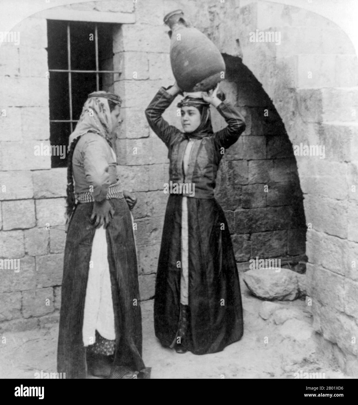 Palestine: Palestinian Christian girls of Nazareth, c. 1900.  Palestine is a name given to the geographic region between the Mediterranean Sea and the Jordan River. The region is also known as the Land of Israel, the Holy Land and the Southern Levant.  In 1832 Palestine was conquered by Muhammad Ali's Egypt, but in 1840 Britain intervened and returned control of the Levant to the Ottomans in return for further capitulations. The end of the 19th century saw the beginning of Zionist immigration and the Revival of the Hebrew language. Stock Photo