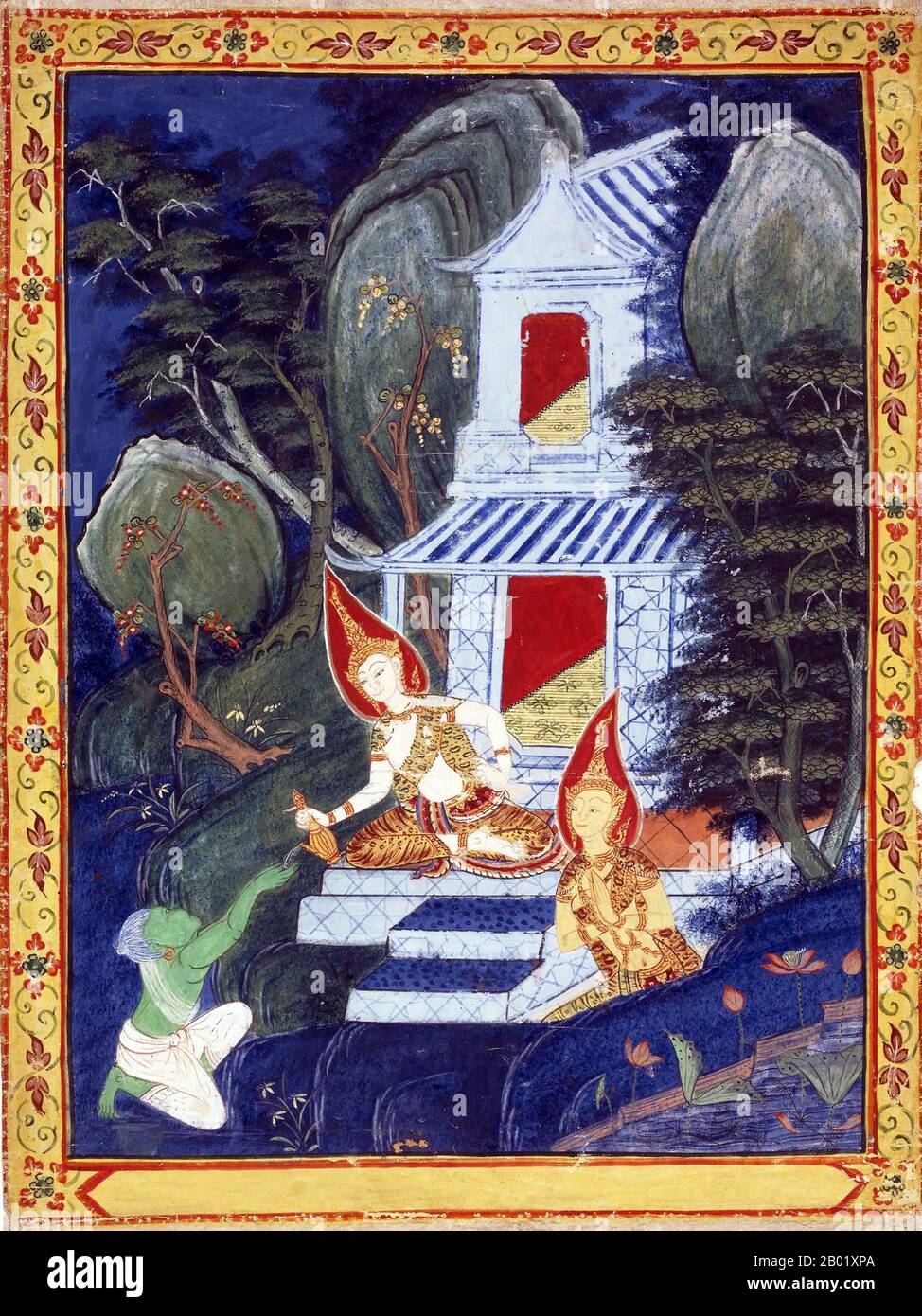 Thailand: 'Vessantara Jataka, Chapter 10 (Indra's Realm)'. Cloth painting, 1850-1870.  The god Indra takes the form of a brahmin and asks for the safe return of Princess Maddi.   The Vessantara Jataka is one of the most popular avadānas of Theravada Buddhism. It tells the story of one of Buddha's past lives, about a compassionate prince, Vessantara, who gives away everything he owns, including his children, thereby displaying the virtue of perfect charity. It is also known as the Great Birth Sermon. Stock Photo