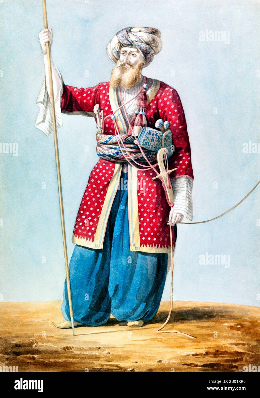 Syria/Turkey: A Mamluk soldier from Aleppo. Watercolour painting by William Page (1794-1872), c. 1816-1824.  Mamluk (mamālīk plural), 'owned'; also called Mamlouk, Kölemen, Mamluq, Mamluke, Mameluk, Mameluke, Mamaluke or Marmeluke.  A Mamluk is a soldier of slave origin, predominantly Cuman or Kipchak and later Circassian and Georgian. The 'Mamluk phenomenon', as David Ayalon dubbed the creation of the specific warrior class, was of great political importance and was extraordinarily long-lived, lasting from the 9th to the 19th century CE. Over time, Mamluks became a powerful military caste. Stock Photo