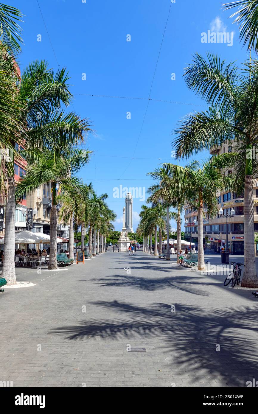 Islands. Plaza de la Candelaria. Picturesque palm tree lined pedestrianised street road Santa Cruz de Tenerife. Stock Photo