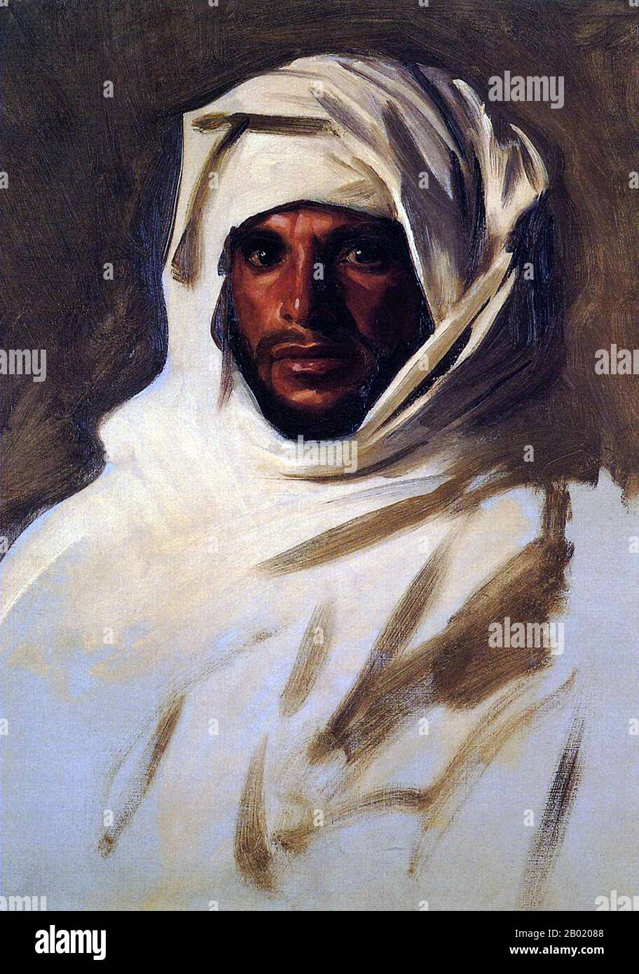 Arabia/US: 'A Bedouin Arab'. Oil on canvas painting, John Singer Sargent (1856-1925), c. 1891.  Bedouin are a part of a predominantly desert-dwelling Arabian ethnic group traditionally divided into tribes, or clans, known in Arabic as ʿašāʾir. The term 'Bedouin' derives from a plural form of the Arabic word badawī, as it is pronounced in colloquial dialects. The Arabic term badawī derives from the word bādiyah, which means semiarid desert (as opposed to ṣaḥarāʾ which means desert).  Starting in the late nineteenth century, many Bedouin under British rule began to transit to a seminomadic life. Stock Photo