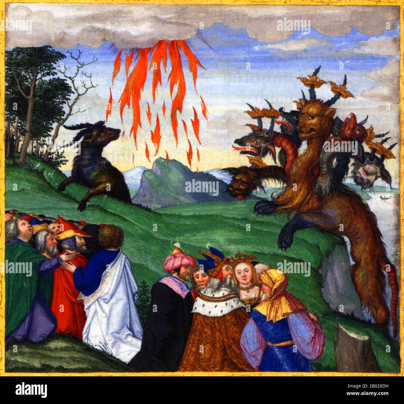 Germany: The beast with ten horns and the beast with lamb's horns, Revelation 13:1-18. Illuminated miniature from the Ottheinrich Bible by Matthias Gerung (1500-1570), c. 1530-1532.  The Ottheinrich Bible was commissioned in c. 1425 by the Royal Court of Bavaria. The unusually large manuscript was not completed until the following century when the German painter and engraver, Matthias Gerung, was offered 60 Rhenish guilders and winter clothes to illustrate the text.  The Bible carries the name of the benefactor who supported its completion. Ottheinrich (1502-1559) was the Prince of Neuburg. Stock Photo