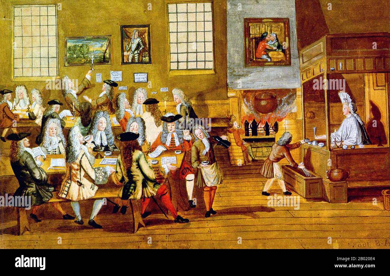 Historians define English coffeehouses as public social houses during the 17th and 18th centuries, in which patrons would assemble for conversation and social interaction, while taking part in the newly emerging coffee consumption habits of the time. Travellers introduced coffee as a beverage to England during the mid-17th century.  For the price of a penny, customers purchased a cup of coffee and admission to a coffeehouse, where men engaged in conversation. Topics discussed within the coffeehouses included politics and political scandals, daily gossip, fashion, current events, and debates su Stock Photo