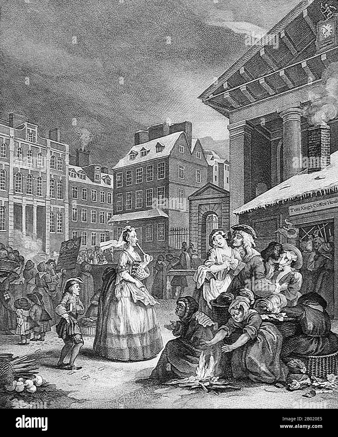 Historians define English coffeehouses as public social houses during the 17th and 18th centuries, in which patrons would assemble for conversation and social interaction, while taking part in the newly emerging coffee consumption habits of the time. Travellers introduced coffee as a beverage to England during the mid-17th century.  For the price of a penny, customers purchased a cup of coffee and admission to a coffeehouse, where men engaged in conversation. Topics discussed within the coffeehouses included politics and political scandals, daily gossip, fashion, current events, and debates su Stock Photo