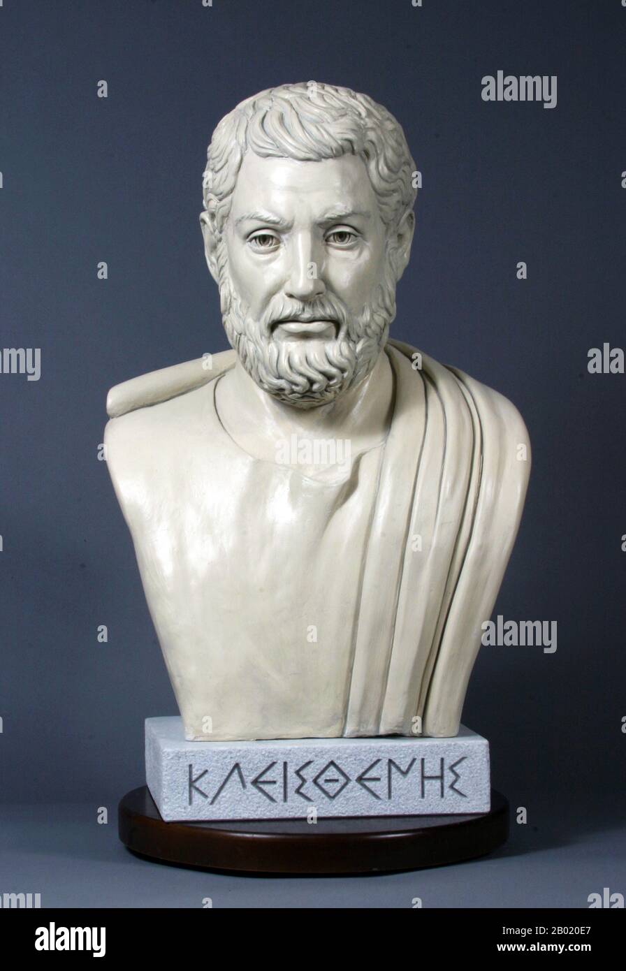 Cleisthenes (Greek: Κλεισθένης, also Clisthenes or Kleisthenes) was a noble Athenian of the Alcmaeonid family. He is credited with reforming the constitution of ancient Athens and setting it on a democratic footing in 508/7 BCE. For these accomplishments, historians refer to him as 'The Father of Athenian Democracy'.   He was the maternal grandson of the tyrant Cleisthenes of Sicyon, as the younger son of the latter's daughter Agariste and her husband Megacles. Also, he was credited for increasing powers of assembly and he also broke up the power of the nobility of Athens. Stock Photo