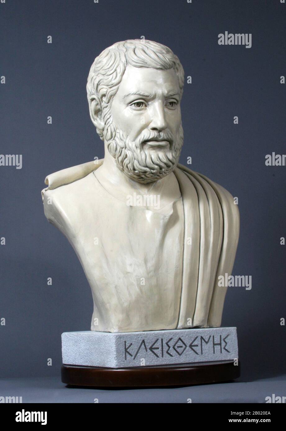 Cleisthenes (Greek: Κλεισθένης, also Clisthenes or Kleisthenes) was a noble Athenian of the Alcmaeonid family. He is credited with reforming the constitution of ancient Athens and setting it on a democratic footing in 508/7 BCE. For these accomplishments, historians refer to him as 'The Father of Athenian Democracy'.   He was the maternal grandson of the tyrant Cleisthenes of Sicyon, as the younger son of the latter's daughter Agariste and her husband Megacles. Also, he was credited for increasing powers of assembly and he also broke up the power of the nobility of Athens. Stock Photo
