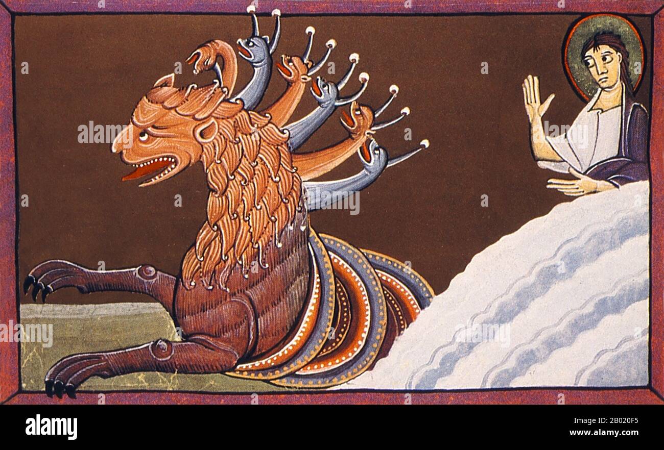 Germany: The Beast from the Sea with Seven Heads. Illumination from the Bamberg Apocalypse, 1000-1020.  The Bamberg Apocalypse is an illuminated manuscript themed around Saint John's Book of Revelation and the Apocalypse, as well as commentaries on the Apocalypse by Beatus of Liébana.   It is held in the Bamberg State Library, Germany. It was commissioned by Otto III (Holy Roman Emperor, r. 980-1002) and contains 57 gilded miniatures produced in the scriptorium at Reichenau. Stock Photo