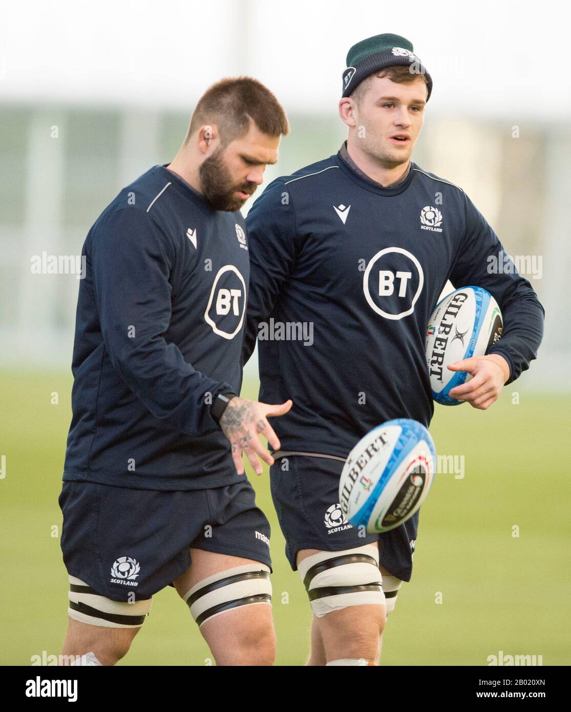 Oriam Sports Centre, Heriot-Watt University's Riccarton campus, Edinburgh: 18th February, 2020. Scotland rugby team training session prior to their Guinness Six Nations and g during training. Scotland's Cornell du Preez and  Magnus Bradbury during training. Credit: Ian Rutherford/Alamy Live News Stock Photo