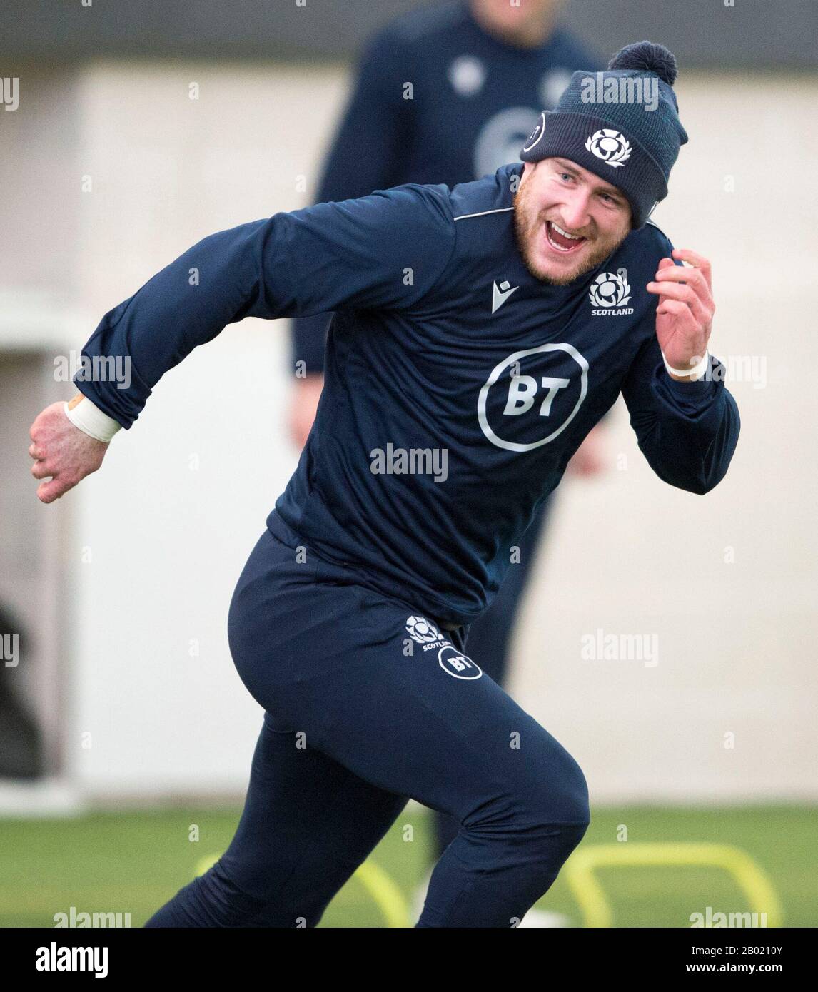 Oriam Sports Centre, Heriot-Watt University's Riccarton campus, Edinburgh: 18th February, 2020. Scotland rugby team training session prior to their Guinness Six Nations match against Italy in Rome. Scotland captain Stuart Hogg.  Credit: Ian Rutherford/Alamy Live News Stock Photo
