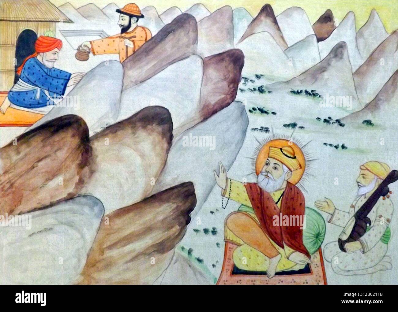 India: Guru Nanak Dev (15 April 1469 - 22 September 1539) stops the boulder from falling with his hand at Hasan Abdal. Watercolour painting, 19th century.  Guru Nanak was the founder of the religion of Sikhism and the first of ten Sikh Gurus. Sikhs believe that all subsequent Gurus possessed Guru Nanak’s divinity and religious authority. Stock Photo