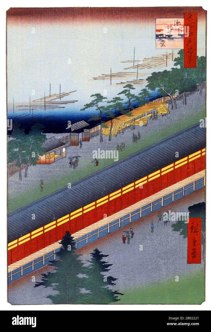 Hiroshige's One Hundred Famous Views of Edo (名所江戸百景), actually composed of 118 woodblock landscape and genre scenes of mid-19th century Tokyo, is one of the greatest achievements of Japanese art. The series includes many of Hiroshige's most famous prints. It represents a celebration of the style and world of Japan's finest cultural flowering at the end of the Tokugawa Shogunate.  The series continues with summer (夏の部). Summer amusements of the Fourth, Fifth, and Sixth Months are represented in numbers 43 through 72. Evening outings in pleasure boats on the Sumida River were taken along the man Stock Photo