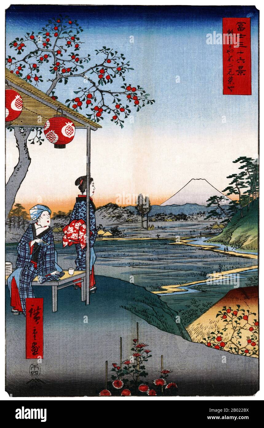 Thirty-six Views of Mount Fuji (Japanese: 富士三十六景; Fuji Sanjū-Rokkei) is the title of two series of woodblock prints by the Japanese ukiyo-e artist Andō Hiroshige, depicting Mount Fuji in differing seasons and weather conditions from a variety of different places and distances. The 1852 series are in landscape orientation; the 1858 series are in portrait orientation.  Utagawa Hiroshige (歌川 広重, 1797 – October 12, 1858) was a Japanese ukiyo-e artist, and one of the last great artists in that tradition. He was also referred to as Andō Hiroshige (安藤 広重) (an irregular combination of family name and Stock Photo