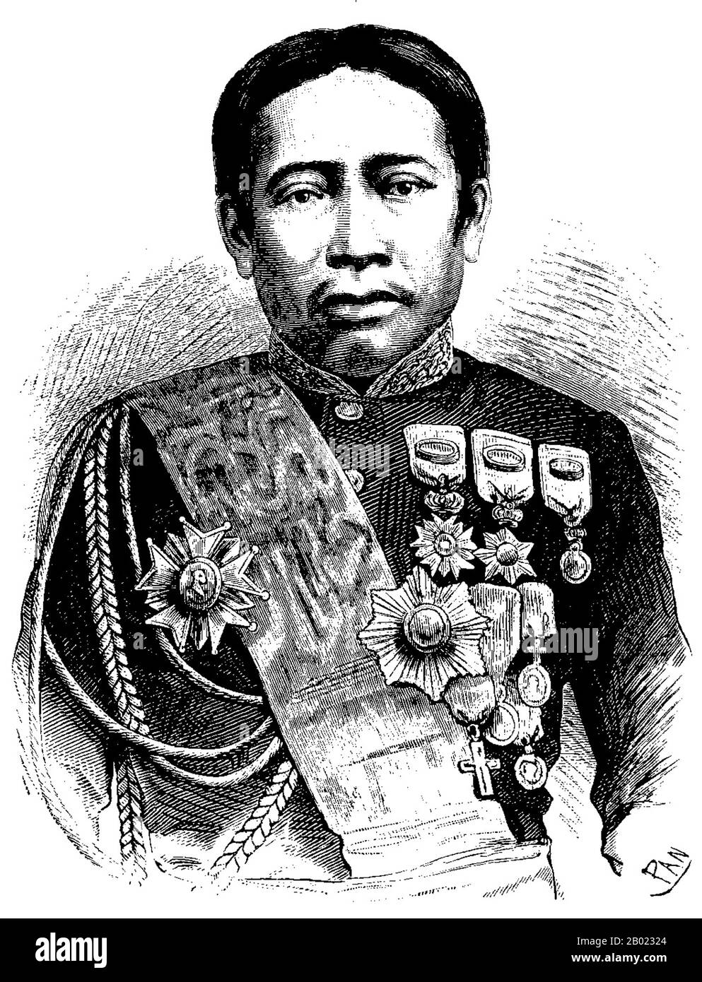 Norodom I ruled as king of Cambodia from 1860 to 1904. He was the eldest son of King Ang Duong, who ruled on behalf of Siam, and half-brother of Prince Si Votha as well as the half-brother of King Sisowath.  Norodom was considered to be the first modern Khmer king. He is credited with saving Cambodia from disappearing altogether. In 1863, to prevent the two powerful neighbours, Vietnam and Siam, from swallowing Cambodia altogether he invited France to make Cambodia its protectorate. Stock Photo