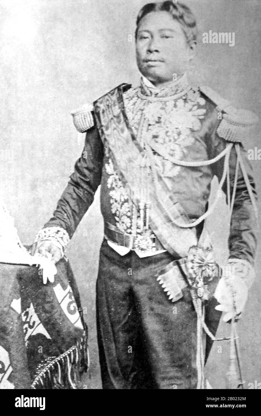 Norodom I ruled as king of Cambodia from 1860 to 1904. He was the eldest son of King Ang Duong, who ruled on behalf of Siam, and half-brother of Prince Si Votha as well as the half-brother of King Sisowath.  Norodom was considered to be the first modern Khmer king. He is credited with saving Cambodia from disappearing altogether. In 1863, to prevent the two powerful neighbours, Vietnam and Siam, from swallowing Cambodia altogether he invited France to make Cambodia its protectorate. Stock Photo