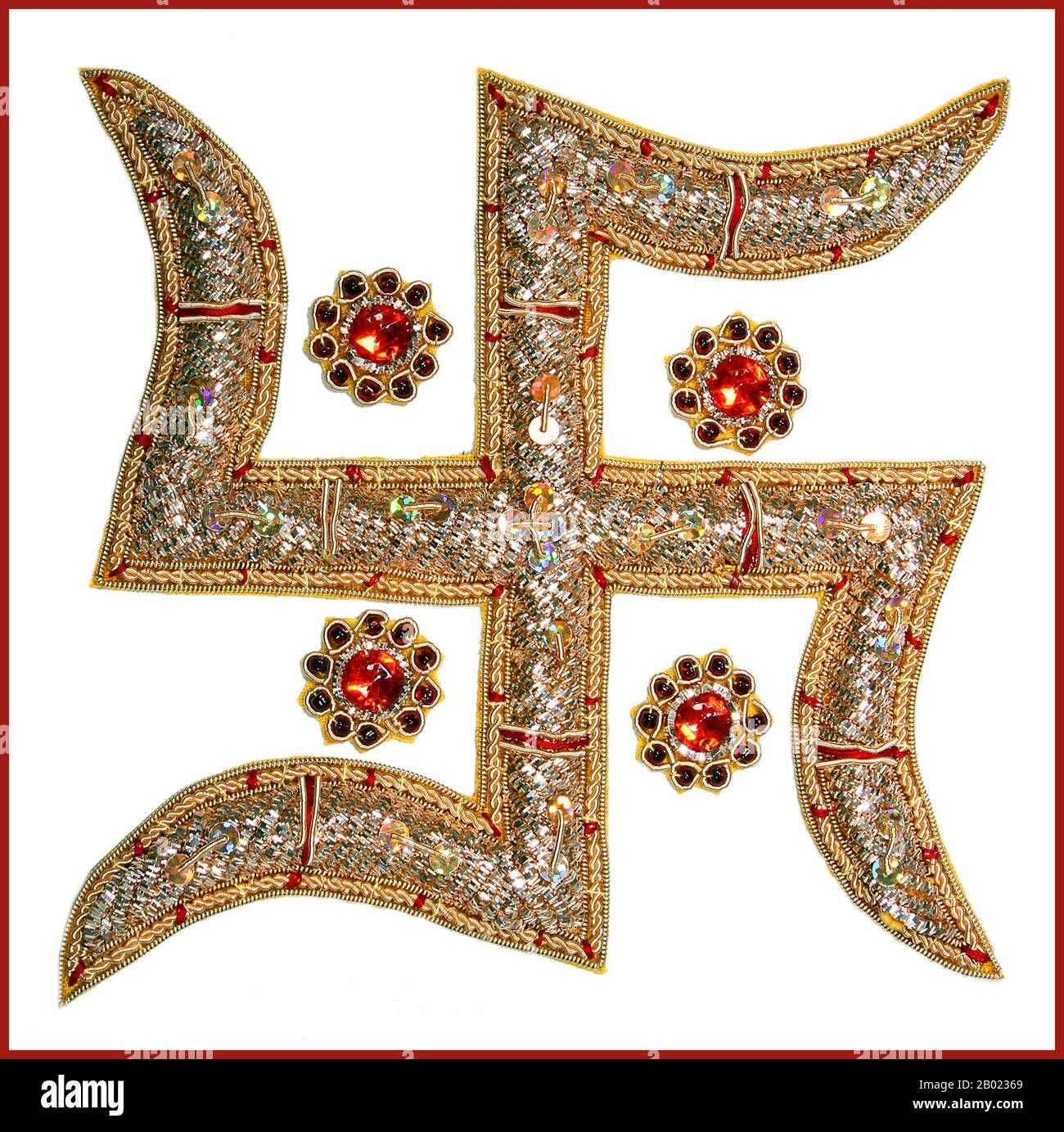 The earliest archaeological evidence of swastika-shaped ornaments dates back to the Indus Valley Civilization of Ancient India as well as Classical Antiquity. Swastikas have also been used in various other ancient civilizations around the world.  The swastika remains widely used in Indian religions, specifically in Hinduism, Buddhism, and Jainism, primarily as a tantric symbol to evoke shakti or the sacred symbol of auspiciousness. The word 'swastika' comes from the Sanskrit, literally meaning 'to be good'.  Despite the use of the name swastika for the Nazi hakenkreuz or 'hook cross', the Sout Stock Photo