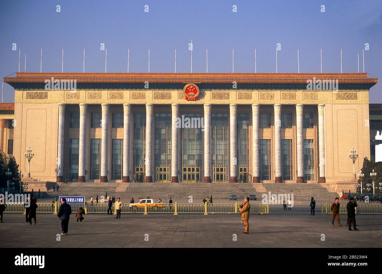The Great Hall of the People, on the western edge of Tiananmen Square, was completed in 1959 and is the seat of the Chinese legislature. It functions as the meeting place of the National People's Congress, the Chinese parliament.  Tiananmen Square is the third largest public square in the world, covering 100 acres. It was used as a public gathering place during both the Ming and Qing dynasties.  The square is the political heart of modern China. Beijing university students came here to protest Japanese demands on China in 1919, and it was from the rostrum of the Gate of Heavenly Peace that Cha Stock Photo