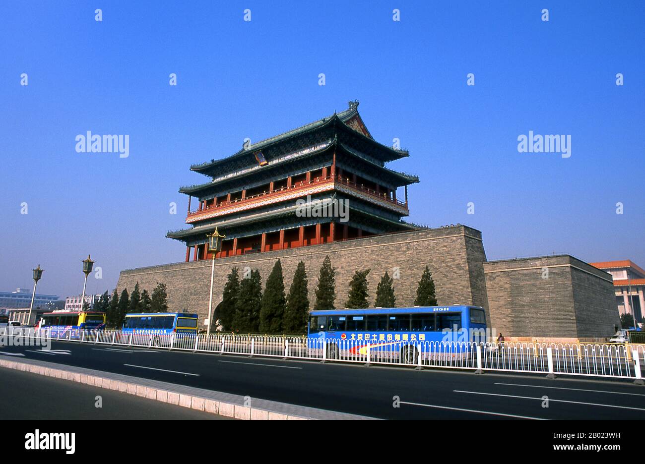 Zhengyangmen was first built in 1419 during the Ming Dynasty and once consisted of the gatehouse proper and an archery tower, which were connected by side walls and together with side gates, formed a large barbican. The gate guarded the direct entry into the imperial city.  During the Boxer Rebellion of 1900, the gate sustained considerable damage when the Eight-Nation Alliance invaded the city. The gate complex was extensively reconstructed in 1914. The Barbican side gates were torn down in 1915.  After the Communist victory in 1949, the Zhengyangmen gatehouse was occupied by the Beijing garr Stock Photo