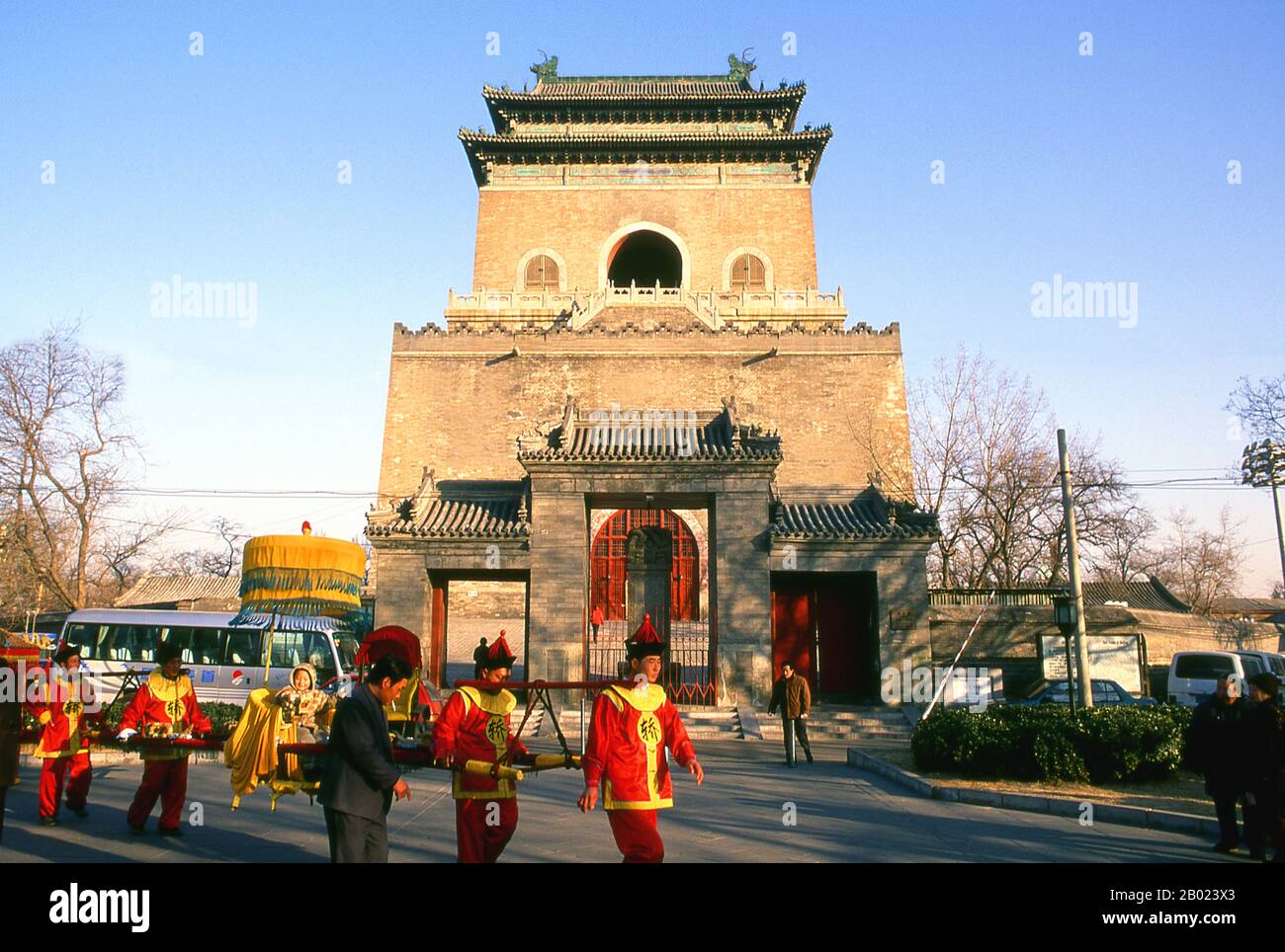 The Drum (Gǔlóu) and Bell (Zhōnglóu) towers were originally built in 1272 during the reign of Kublai Khan (r.1260-1294). Emperor Yongle (r. 1402-1424) rebuilt the towers in 1420 and they were again renovated during the reign of Qing Emperor Jiaqing (r. 1796 - 1820).  Both the Drum and Bell towers were used as timekeepers during the Yuan, Ming and Qing dynasties. Stock Photo