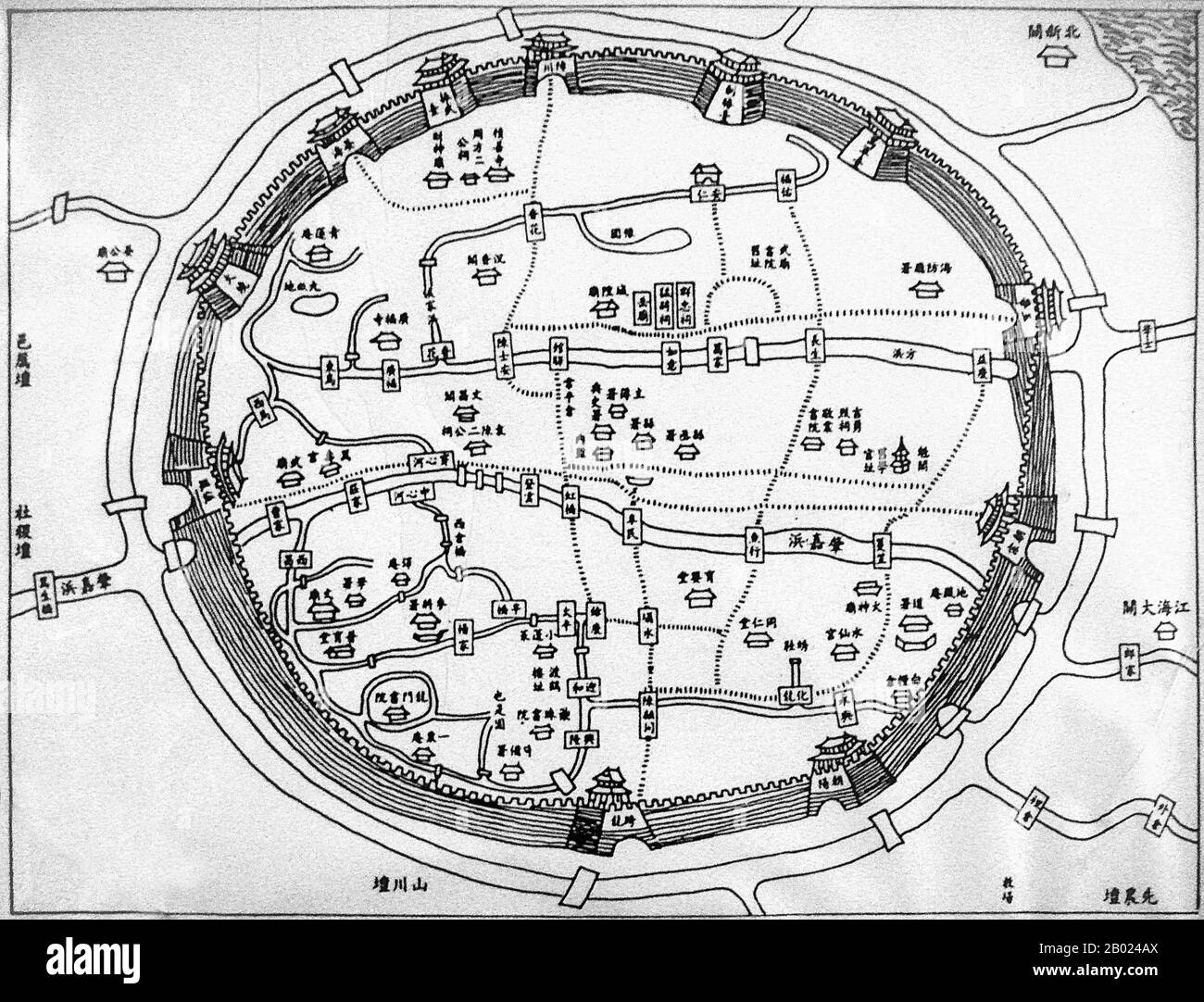 China: A Chinese map of the old city of Shanghai dating from the 16th century. The Old City of Shanghai (Shànghăi Gùchéng) refers to the most ancient area of Shanghai, more often referred to simply as Nanshi, 'Southern City', as it lay to the south of the old International Settlements. It is circular in shape, and used to be surrounded by a defensive wall. Notable features include the City God Temple which is located in the center of the Old City and is connected to the Yuyuan Garden. Stock Photo