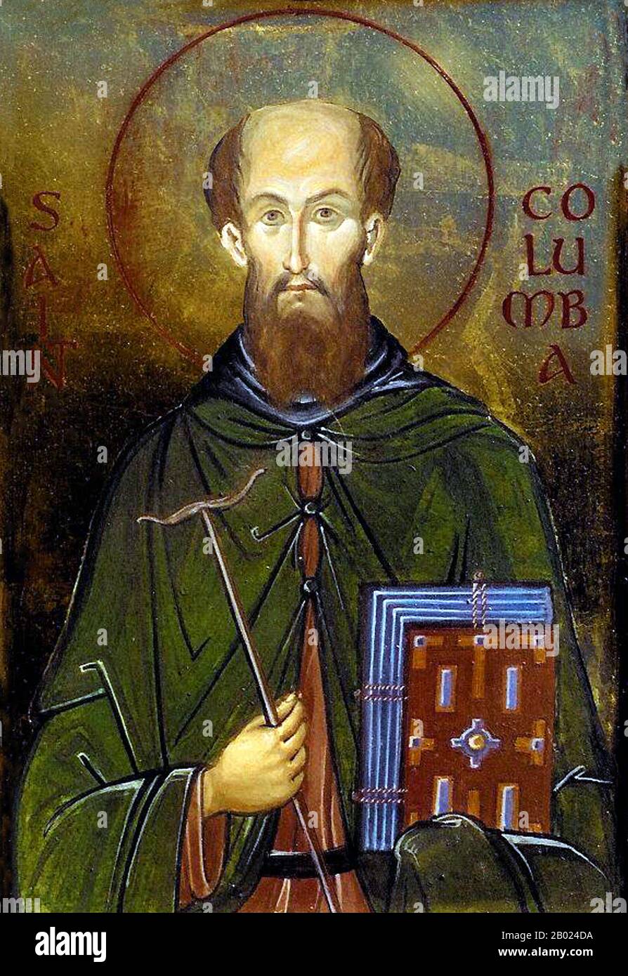Saint Columba (7 December 521 – 9 June 597 AD)—also known as Colum Cille, or Chille (Old Irish, meaning 'dove of the church'), Colm Cille (Irish), Calum Cille (Scottish Gaelic), Colum Keeilley (Manx Gaelic) and Kolban or Kolbjørn (Old Norse)—was a Gaelic Irish missionary monk who propagated Christianity among the Picts during the Early Medieval Period. He was one of the Twelve Apostles of Ireland. Stock Photo