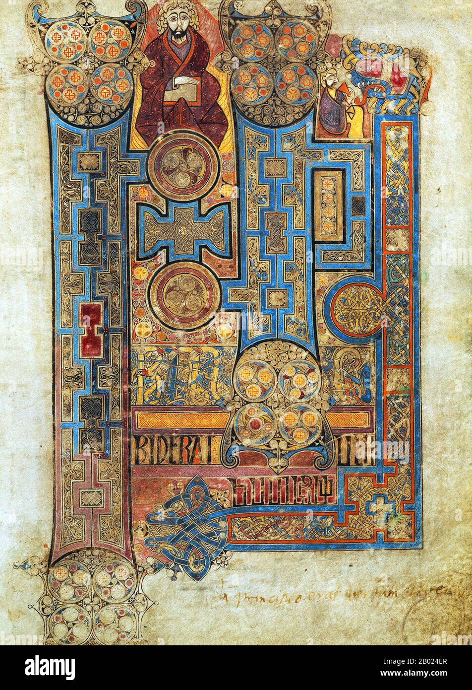 Ireland/Scotland: The Opening Words of St. John's Gospel. Fol. 292 R. The Book of Kells, c. 800 CE.  The Book of Kells (Irish: Leabhar Cheanannais) (Dublin, Trinity College Library, MS A. I. (58), sometimes known as the Book of Columba) is an illuminated manuscript Gospel book in Latin, containing the four Gospels of the New Testament together with various prefatory texts and tables. It was created by Celtic monks c. 800 or slightly earlier. The text of the Gospels is largely drawn from the Vulgate, although it also includes several passages drawn from earlier versions of the Bible. Stock Photo