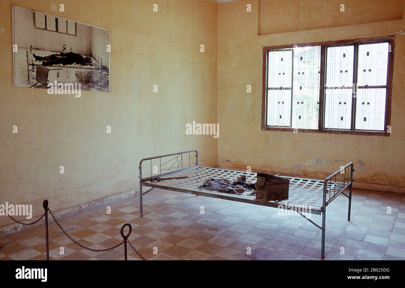 Located in Phnom Penh, the capital of Cambodia, Tuol Sleng is a former high school which was used as the notorious Security Prison 21 (S-21) by the Khmer Rouge communist regime from its rise to power in 1975 to its fall in 1979. An estimated 17,000 Cambodians, including a great number of women and children, were tortured at S-21 into giving confessions and naming accomplices for so-called crimes against the state. Many of the Khmer Rouge’s own cadres were killed at Tuol Sleng after being purged from the Communist Party. Only seven persons are known to have survived S-21. Tuol Sleng means 'Hill Stock Photo