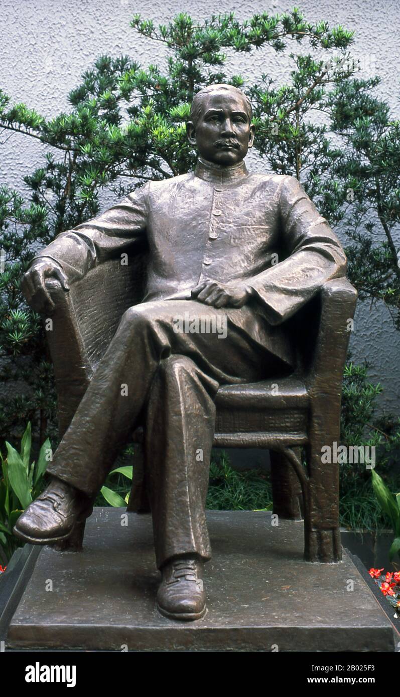China: Dr Sun Yat-sen (12 November 1866 - 12 March 1925), founder of the Chinese Republic, sits outside the Sun Yat-sen Memorial Residence, Shanghai.  Sun Yat-sen was a Chinese revolutionary and political leader. As the foremost pioneer of Nationalist China, Sun is frequently referred to as the Founding Father of Republican China.  Sun played an instrumental role in inspiring the overthrow of the Qing Dynasty, the last imperial dynasty of China. He was the first provisional president when the Republic of China (ROC) was founded in 1912 and later co-founded the Chinese National People's Party. Stock Photo