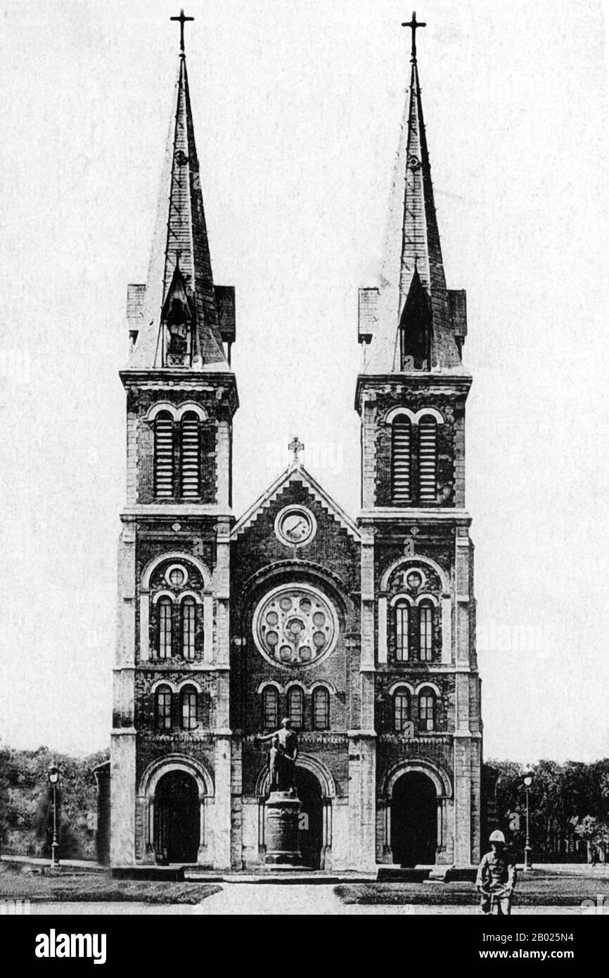 Saigon Notre-Dame Basilica, officially Basilica of Our Lady of The Immaculate Conception is a cathedral located in Ho Chi Minh City (Saigon). Established by French colonists, the cathedral was constructed between 1863 and 1880. It has two bell towers, reaching a height of 58 meters (190 feet).  Former Emperor Bảo Đại made Saigon the capital of the State of Vietnam in 1949 with himself as head of state. After the Việt Minh gained control of North Vietnam in 1954, it became common to refer to the Saigon government as 'South Vietnam'.  The government was renamed the Republic of Vietnam when Bảo Đ Stock Photo