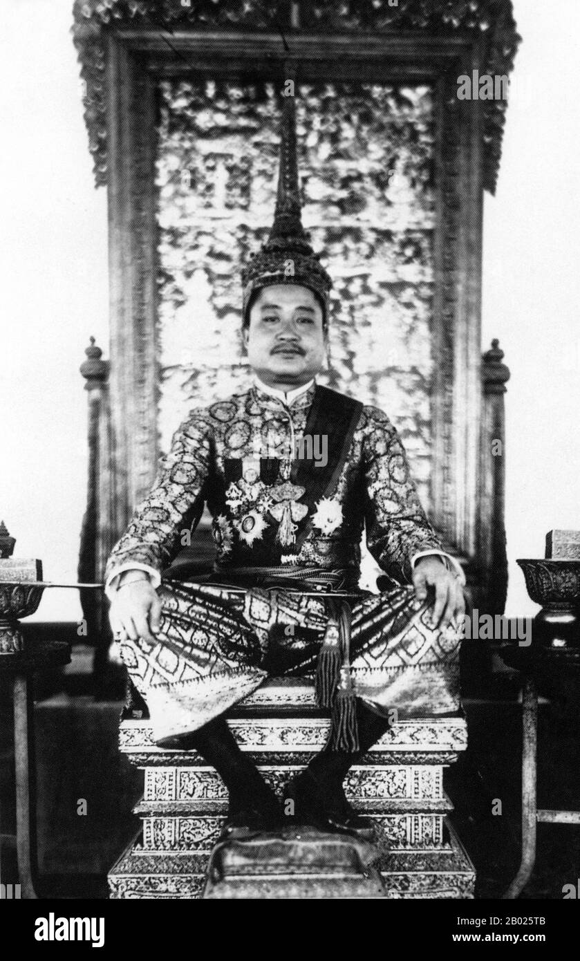 Sisavang Phoulivong (or Sisavangvong) (14 July 1885 - 29 October 1959), was King of Luang Phrabang and later the Kingdom of Laos from 28 April 1904 until his death on 20 October 1959.  His father was king Zakarine and his mother was Queen Thongsy. He was educated at Lycée Chasseloup-Laubat, Saigon, and at l'École Coloniale in Paris. He was known as a 'playboy' king with up to 50 children by as many as 15 wives. Stock Photo