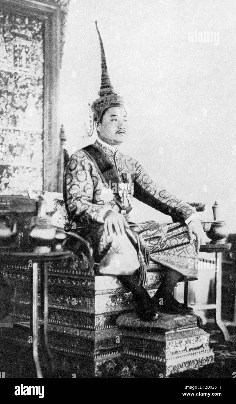 Sisavang Phoulivong (or Sisavangvong) (14 July 1885 - 29 October 1959), was King of Luang Phrabang and later the Kingdom of Laos from 28 April 1904 until his death on 20 October 1959.  His father was king Zakarine and his mother was Queen Thongsy. He was educated at Lycée Chasseloup-Laubat, Saigon, and at l'École Coloniale in Paris. He was known as a 'playboy' king with up to 50 children by as many as 15 wives. Stock Photo