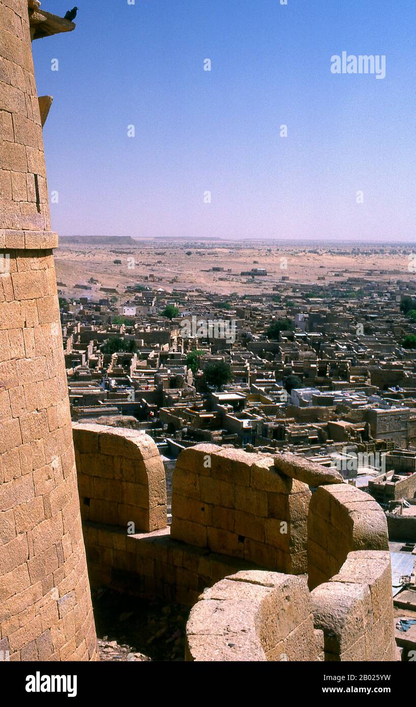 The majority of Jaisalmer's inhabitants are Bhati Rajputs, who take their name from an ancestor named Bhatti, a renowned warrior when the tribe were still located in the Punjab. Shortly after this the clan was driven southwards, and found a refuge in the Indian desert, which was henceforth its home.  Deoraj, a prince of the Bhati clan, is believed to be the real founder of the Jaisalmer dynasty. In 1156 Rawal Jaisal, the sixth in succession from Deoraj, founded the fort and city of Jaisalmer, and made it his capital as he moved from his former capital at Lodhruva (situated about 15 km to the n Stock Photo