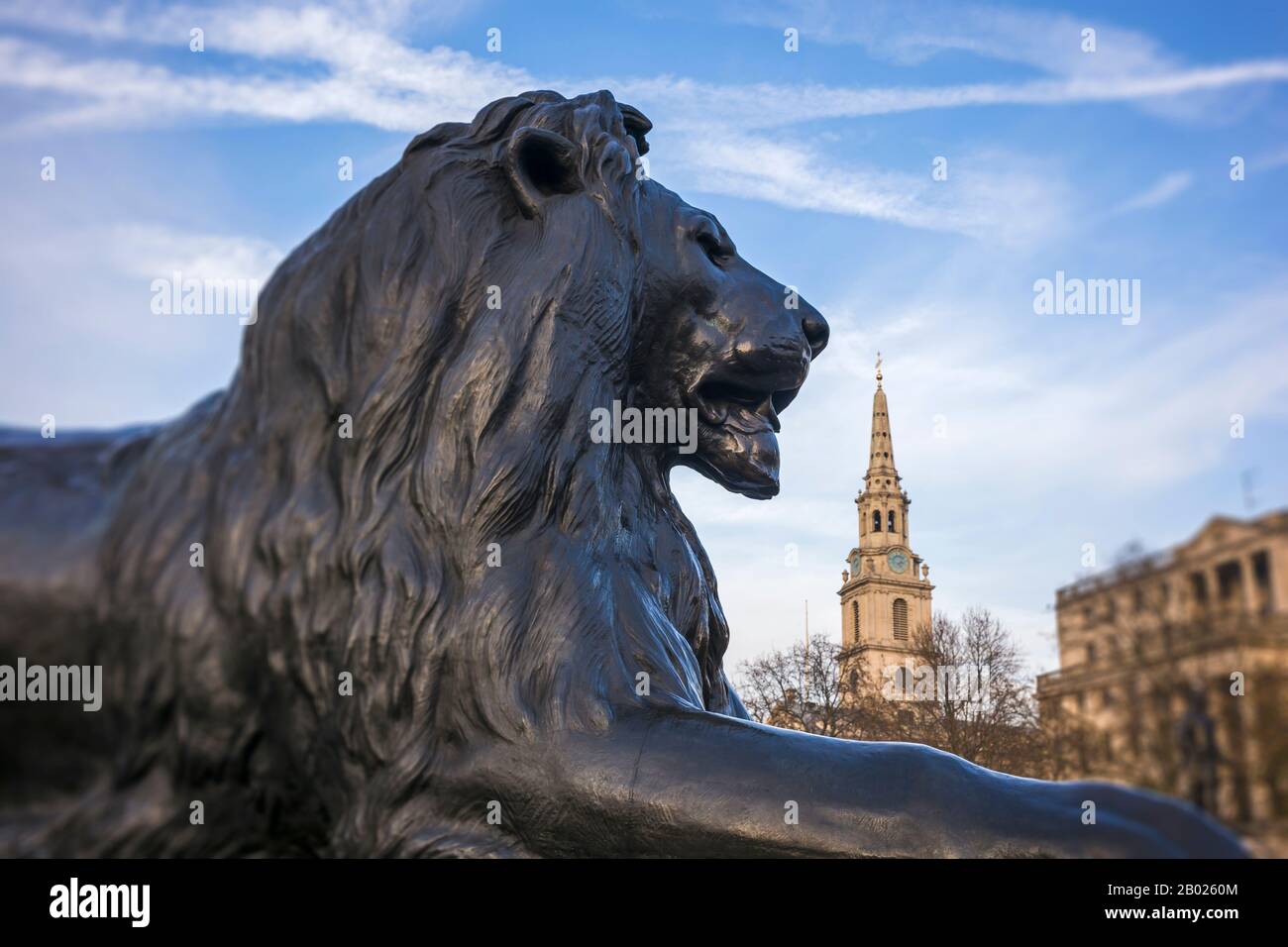 The lions of Trafalgar Square, Westminster, London. Designed by Edwin Henry Landseer and placed in position in 1867 Stock Photo