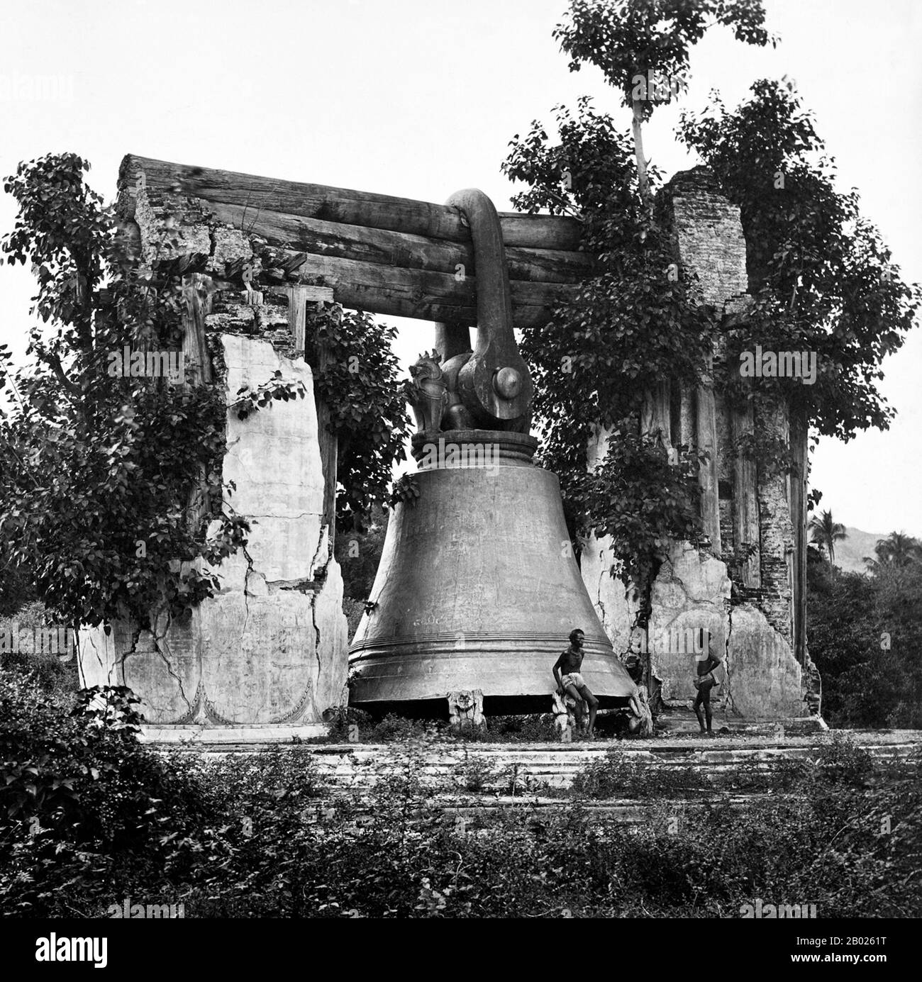 The Mingun Bell is a bell located in Mingun, Sagaing Region, Myanmar. It is located approximately 11 km (6.8 mi) north of Mandalay on the western bank of the Irrawaddy River. It was the heaviest functioning bell in the world at several times in history.  The weight of the bell is 55,555 viss (90,718 kilograms or 199,999 pounds). The outer diameter of the rim of the bell is 16 feet 3 inches (4.95 m). The height of the bell is 12.0 feet (3.66 m) feet on the exterior and 11.5 feet (3.51 m) in the interior. The outside circumference at the rim is 50.75 feet (15.469 m). The bell is 6 to 12 inches ( Stock Photo