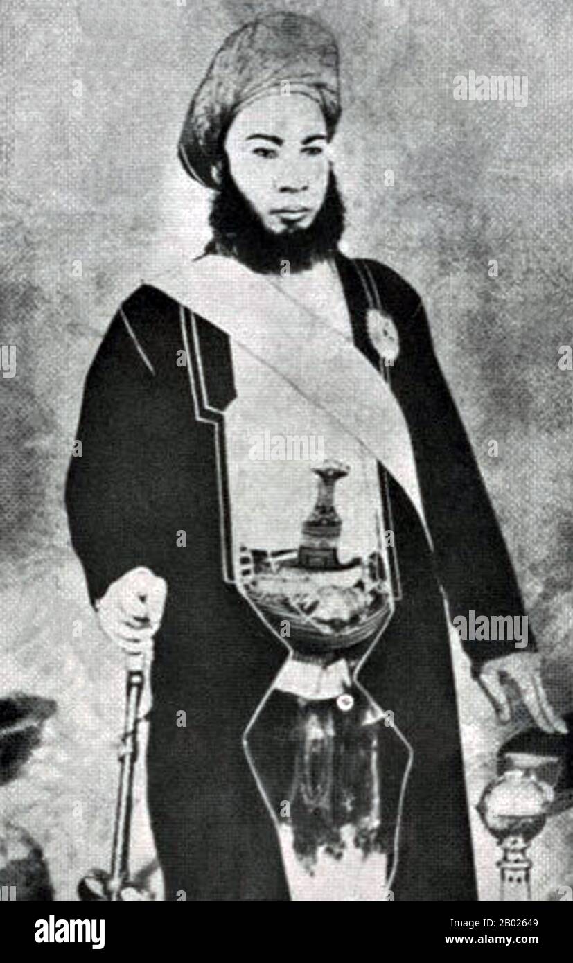 Sayyid Hamad bin Thuwaini Al-Busaid, GCSI, (1857 - August 25, 1896) (Arabic: حمد بن ثويني البوسعيد) was the fifth Sultan of Zanzibar. He ruled Zanzibar from March 5, 1893 to August 25, 1896.  He was married to a cousin, Sayyida Turkia bint Turki al-Said, daughter of Turki bin Said, Sultan of Muscat and Oman. Hamid died suddenly at 11.40am on 25 August 1896 and was almost certainly poisoned by his cousin Khalid bin Barghash who proclaimed himself the new sultan and held the position for three days before being replaced by the British government after the 40 minute long Anglo-Zanzibar War. Stock Photo