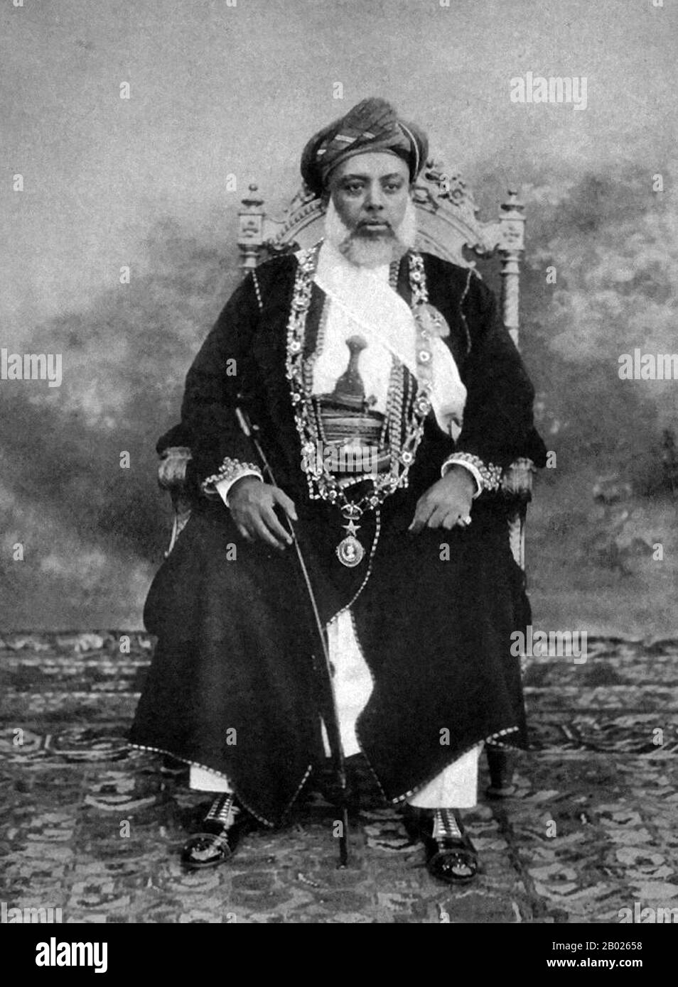 Sayyid Sir Hamoud bin Mohammed Al-Said, GCSI, (1853 - July 18, 1902) (ruled August 27, 1896 - July 18, 1902) (Arabic: حمود بن محمد) was the British-controlled Omani sultan of the protectorate of Zanzibar, who outlawed slavery on the island.  Hamoud became sultan with the support of the British consul, Sir Basil Cave, upon the death of Hamad bin Thuwaini. Before he could enter the palace, another potential contender for the throne, Khalid bin Barghash, seized the palace and declared himself sultan. The British responded the next day, August 26, 1896, by issuing an ultimatum to Khalid and his e Stock Photo