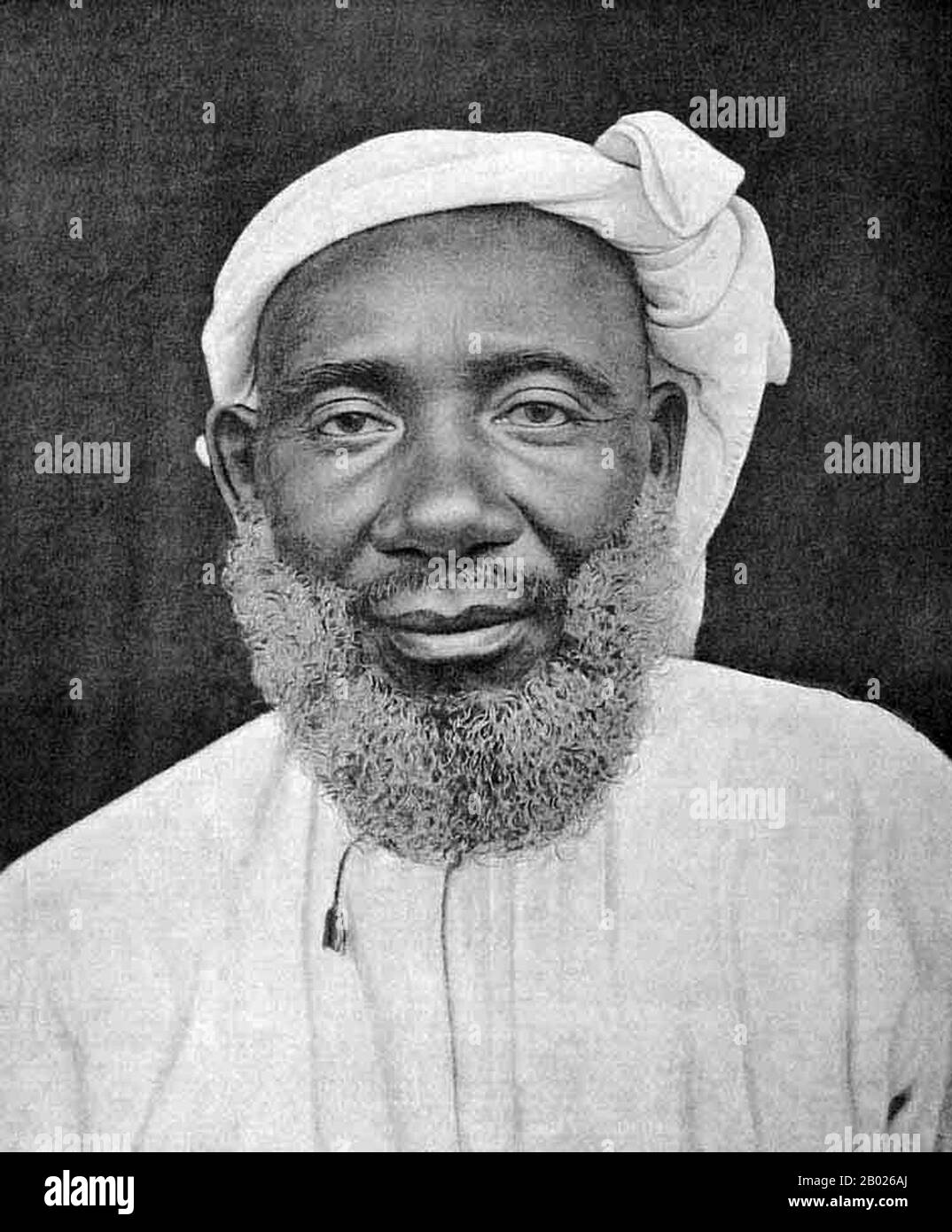 Tippu Tip or Tib (1837 – June 14, 1905), real name Hamad bin Muḥammad bin Jumah bin Rajab bin Muḥammad bin Sa‘īd al-Murghabī, (Arabic: حمد بن محمد بن جمعة بن رجب بن محمد بن سعيد المرجبي), was a Swahili-Zanzibari trader. He was famously known by the natives of East Africa as Tippu Tib after the sounds that his many guns made. A notorious slave trader, plantation owner and governor, who worked for a succession of sultans of Zanzibar, he led many trading expeditions into Central Africa, involving the slave trade and ivory trade. He constructed profitable trading posts that reached deep into Cent Stock Photo