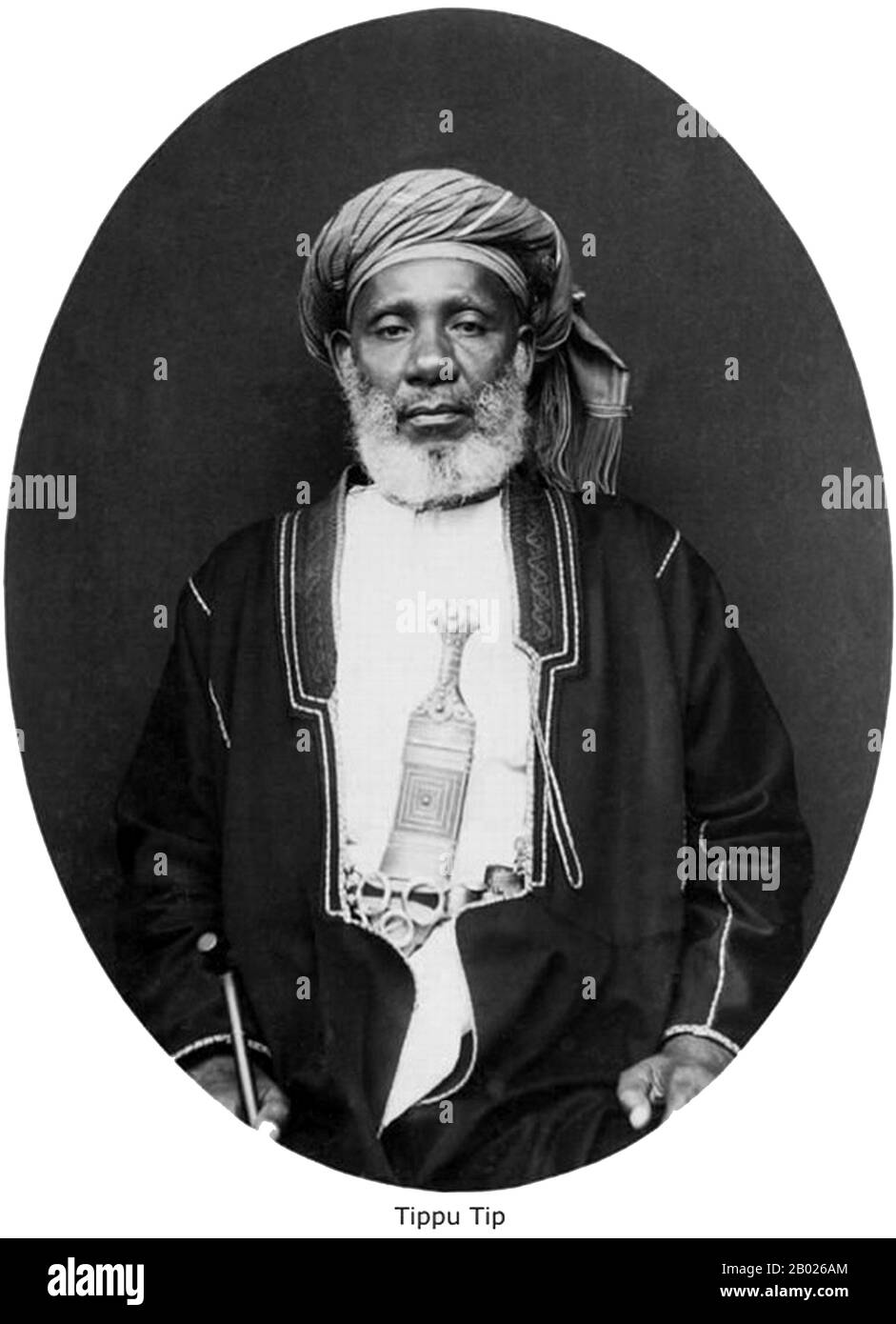 Tippu Tip or Tib (1837 – June 14, 1905), real name Hamad bin Muḥammad bin Jumah bin Rajab bin Muḥammad bin Sa‘īd al-Murghabī, (Arabic: حمد بن محمد بن جمعة بن رجب بن محمد بن سعيد المرجبي), was a Swahili-Zanzibari trader. He was famously known by the natives of East Africa as Tippu Tib after the sounds that his many guns made. A notorious slave trader, plantation owner and governor, who worked for a succession of sultans of Zanzibar, he led many trading expeditions into Central Africa, involving the slave trade and ivory trade. He constructed profitable trading posts that reached deep into Cent Stock Photo